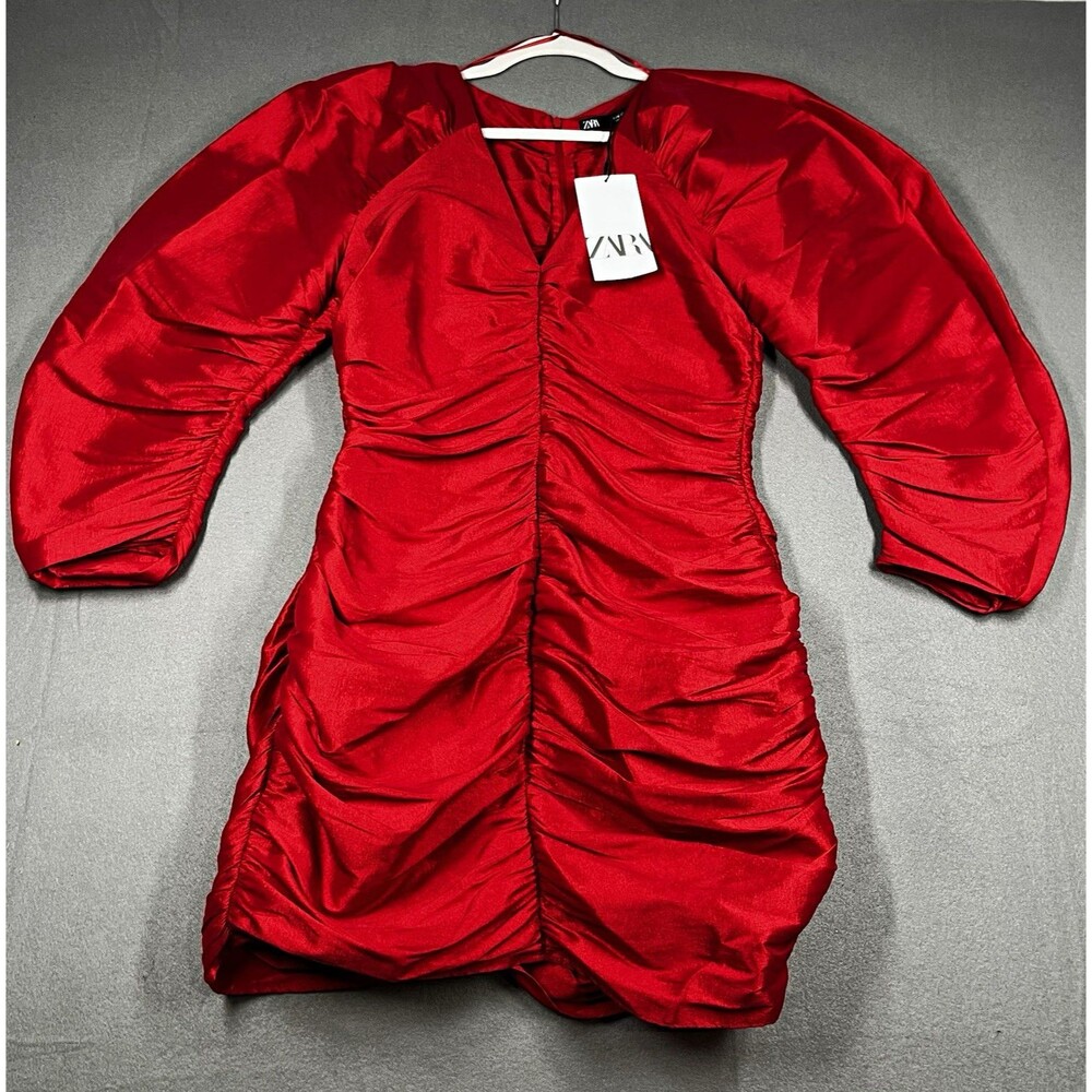 ZARA Red Ruched Satin V-Neck Balloon Sleeve Mini Dress Size S 7969/239/600